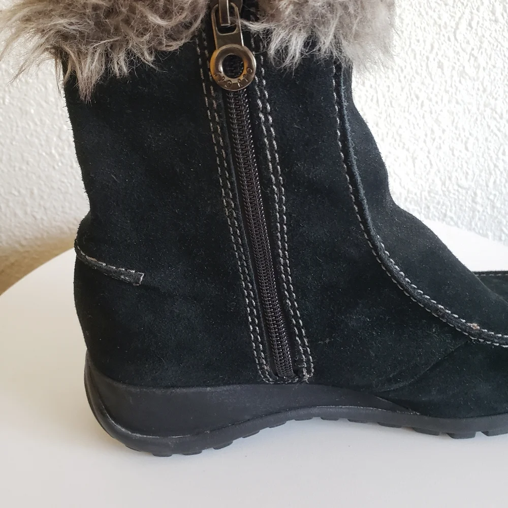 #Sporto Women Black Real Suede Upper Faux Fur Trim Ankle Zip Boots
